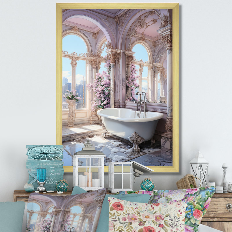Salle de bain pastel Serenity II - Art mural de salle de bain, H 32 po x l 24 po x P 1 po, Cadre doré simple