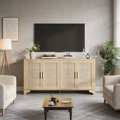 62.20x15.75x31.50 Inch Engineered Wood Rattan Buffet Cabinet Farmhouse Sideboard with Magnetic Door 4 Compartments Multi-use TV Console Entryway Storage Cabinet, Oak
