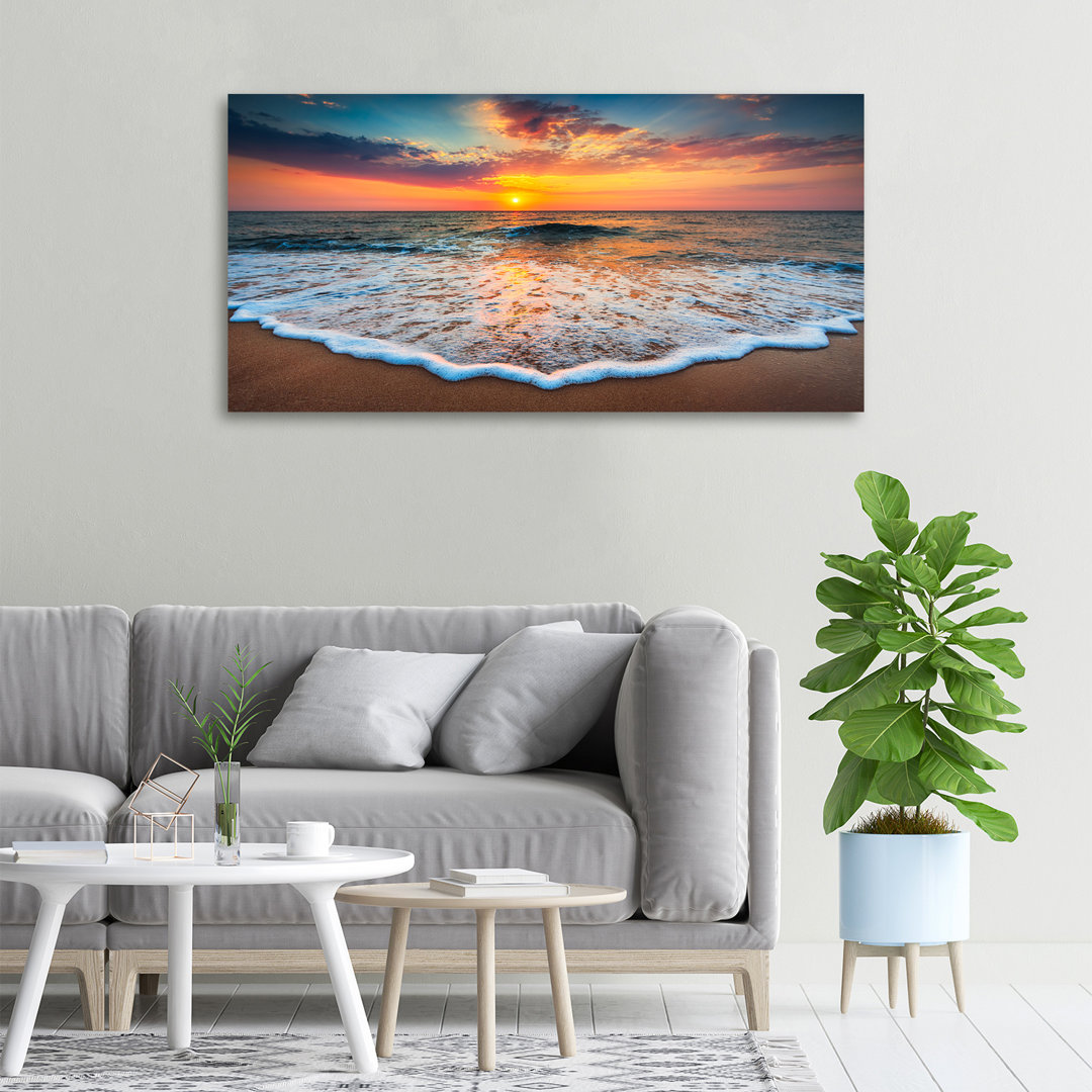 Leinwanddruck - Wandkunst - Drucke auf Leinwand - 100X50 Bildmotiv: Sonnenuntergang am Meer