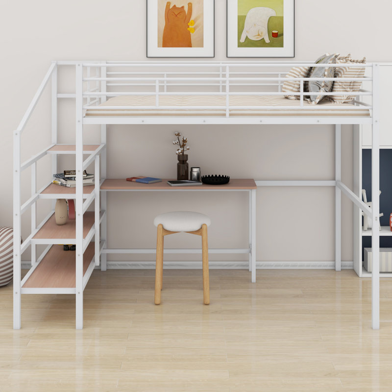 Lit mezzanine en métal avec bureau, Blanc