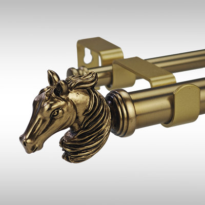 Equestrian Horse Head Double Curtain Rod - 1" Adjustable Dual Rod with Antique Brass Finish