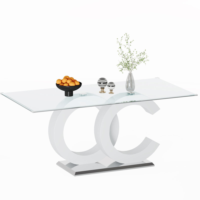 Table de salle à manger moderne en verre trempé blanc avec base et centre pour le support central occupé, Blanc / argenté