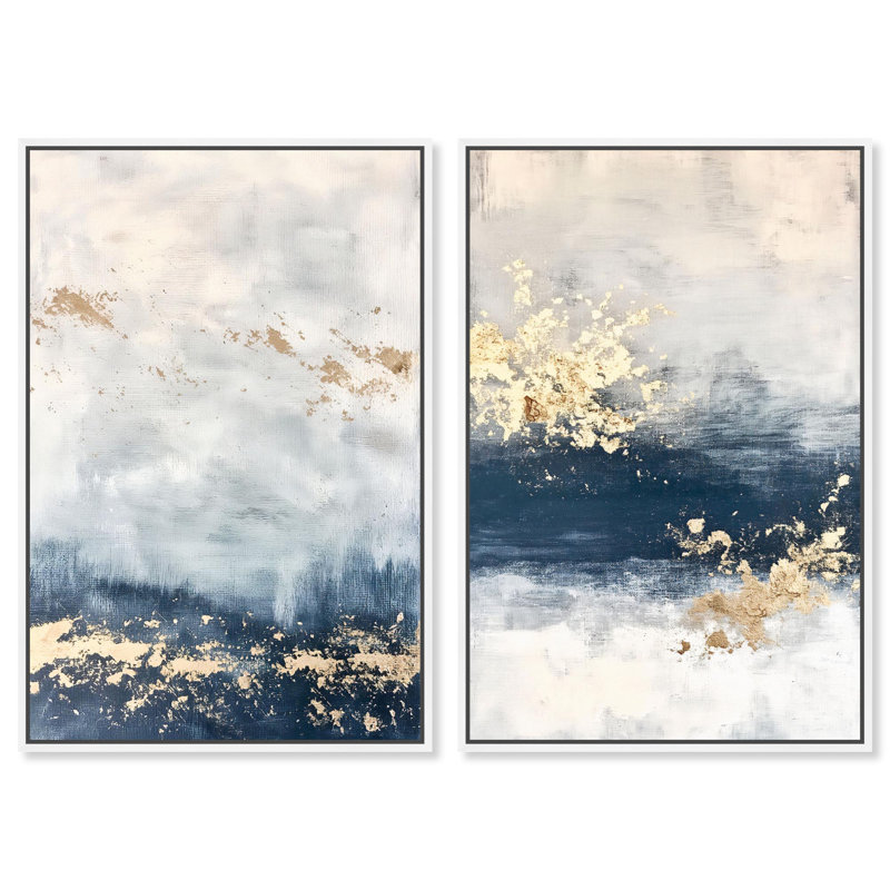 «Gilded Coastal Calm Blue Art», ensemble de 2 impressions sur toile par , H 31 po x l 21 po, Blanc