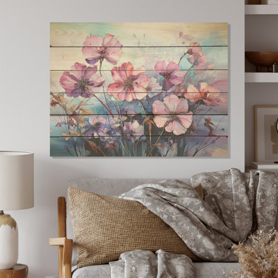 Fleurs d'hortensias roses et mauves - Art floral sur bois de pin naturel