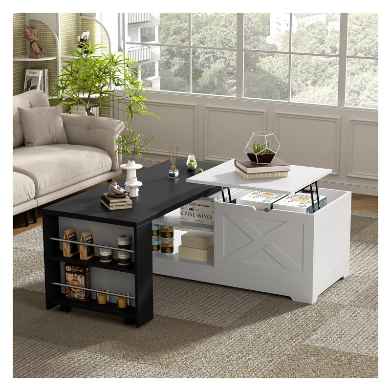 Table basse à plateau relevable avec portes de grange U-Can Farmhouse - Table rectangulaire en bois rustique avec espace de rangement caché, armoire ouverte et prise de courant pour le salon, le bureau personnel