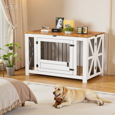 Grand meuble de caisse pliable pour chien, chenil en bois robuste avec 2 bols, chenil d'intérieur de 41,3 po pour petit, moyen et grand chien
