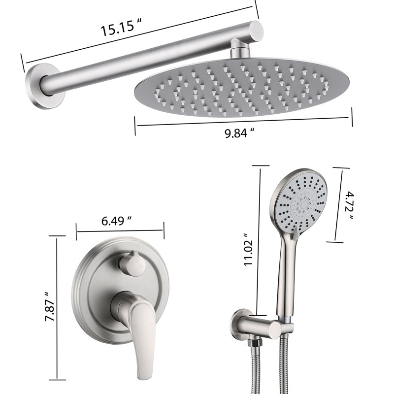 Douche murale avec tête haute et 5 poignées, 10 pouces, laiton cuivré, Nickel brossé