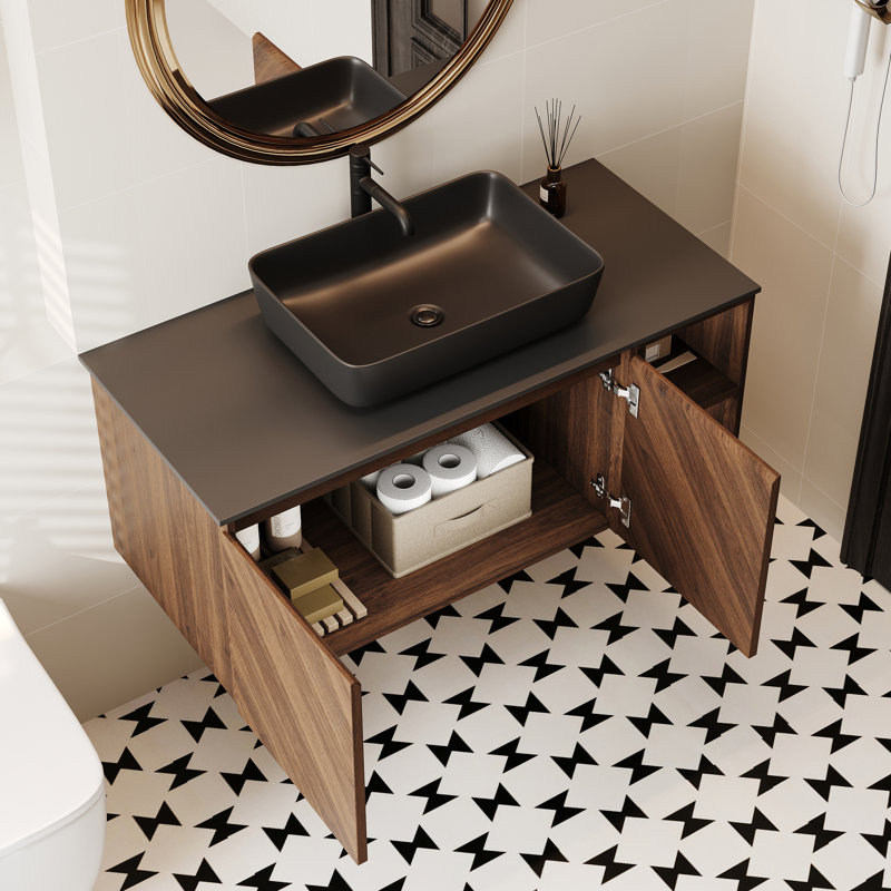 Meuble-lavabo flottant mural 36 po x l 19,68 po avec meuble-lavabo flottant en céramique noir mat