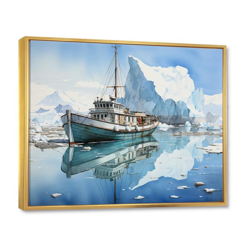 Iceberg sarcelle blanc solitude immaculée, Cadre flottant doré, H 12 po x l 20 po x P 1 po