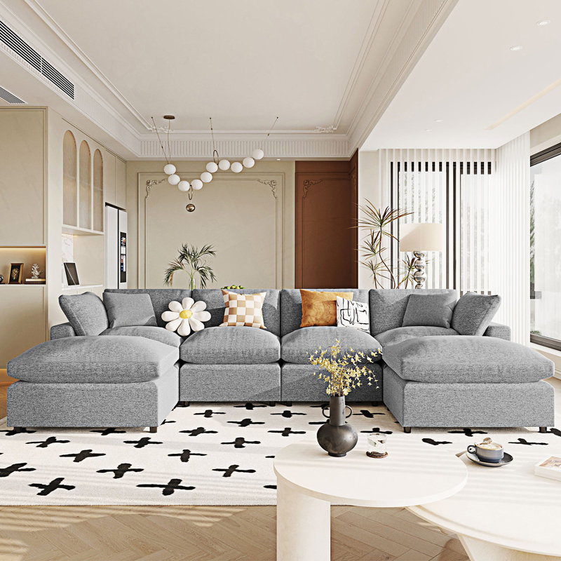 Grand canapé modulaire moderne en forme de U, 2 grandes chaises avec repose-pieds amovibles pour le salon, Polyester gris