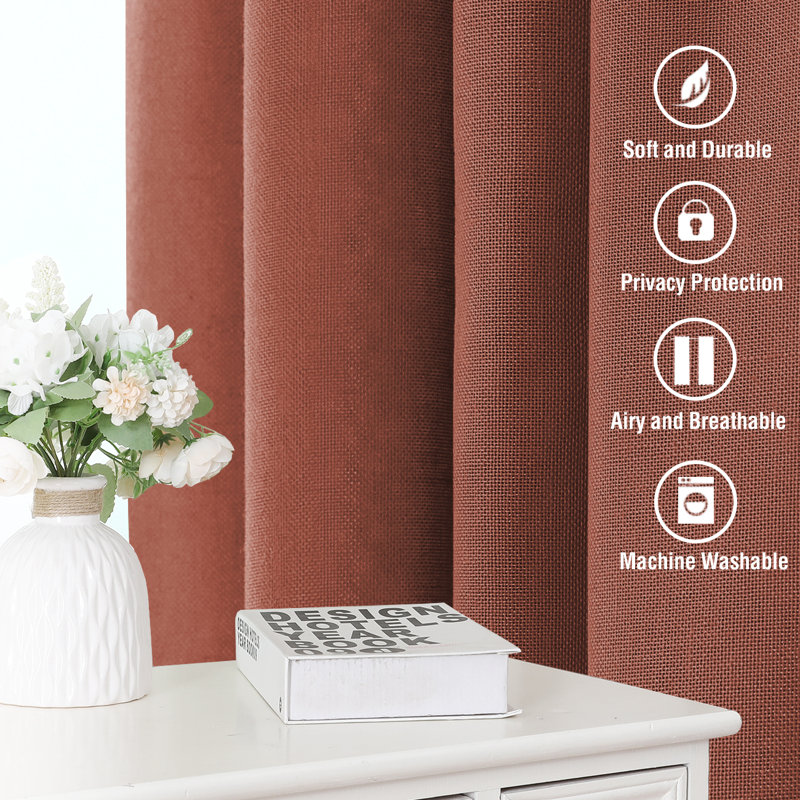 Linen Curtains for Living Room 2 Panels Back Tab Loop Pocket Textured Light Filtering Semi Sheer Rustic Farmhouse Boho Curtain for Bedroom , Rust