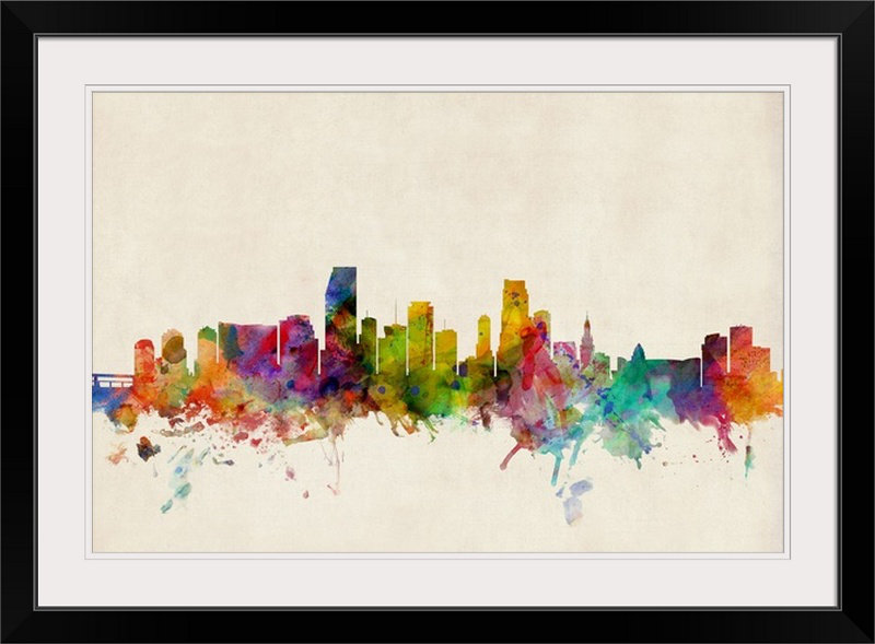 «Miami Florida Skyline» par Francy, impression, Cadre noir, H 28 po x l 38 po x P 1 po