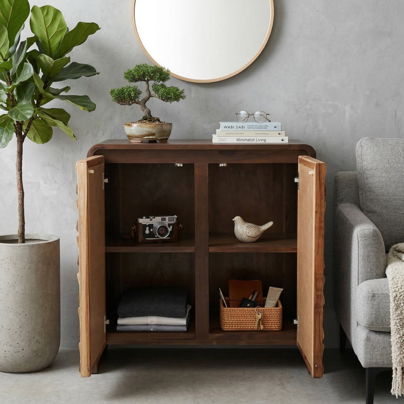 Decorative Solid Wood Accent Cabinet With Textured Geometric Doors - Modern Narrow Storage Cabinet For Entryway And Living Room - 33", Brown