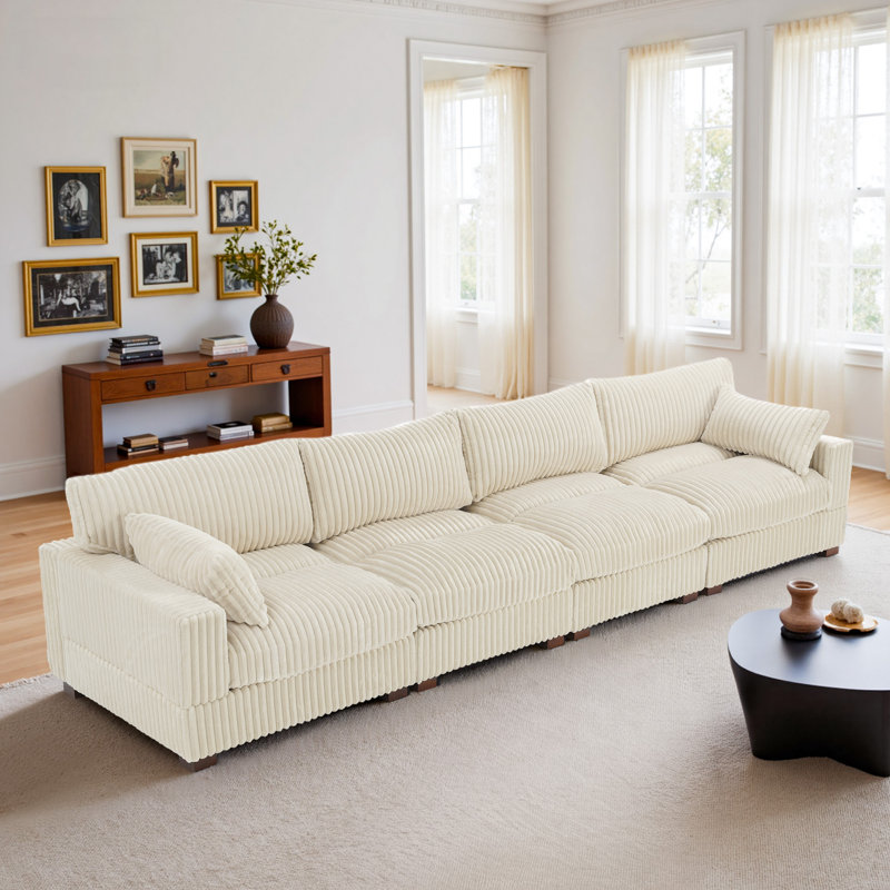 Canapé modulaire réversible 4 pièces rembourré en fausse fourrure de lapin, H 34,64 po x l 148,03 po x P 41,73 po, Blanc, 4
