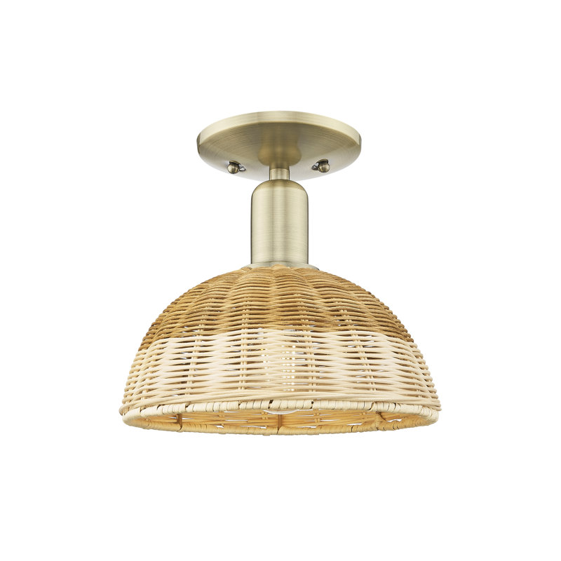 Plafonnier semi-encastré 1 lumière avec abat-jour natté Natural Ballston Dome, Laiton antique, Largeur du corps de 9 po