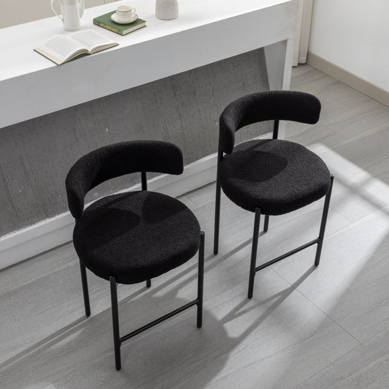 24'' Black Bouclé Upholstered Counter Stools with Metal Frame, Set of 2