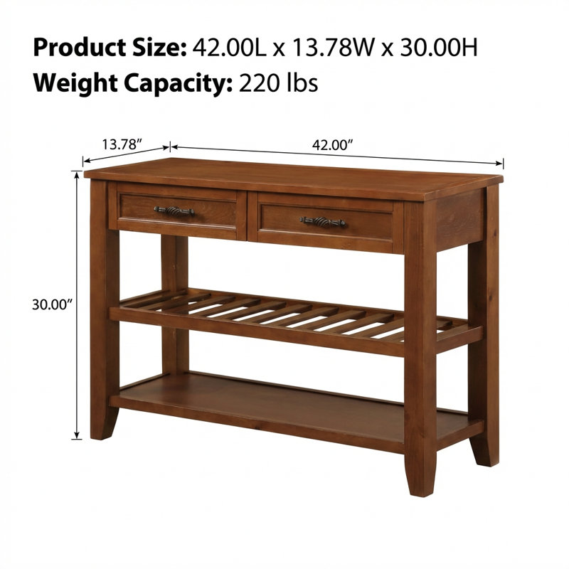 Console en bois massif de style Mid-Century avec deux tiroirs de rangement et deux tablettes ouvertes