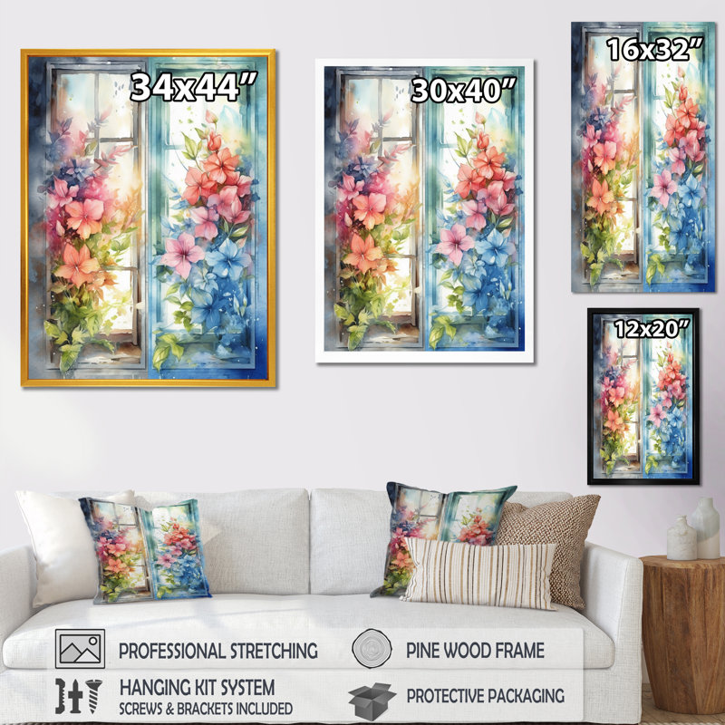 Fenêtre de fleurs I - art mural fenêtre, Cadre photo noir, H 20 po x l 12 po
