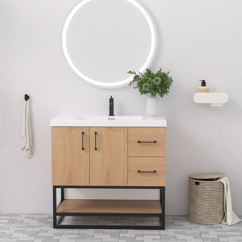 36" Freestanding Single Bathroom Vanity With Resin Sink Top And Black Metal Frame