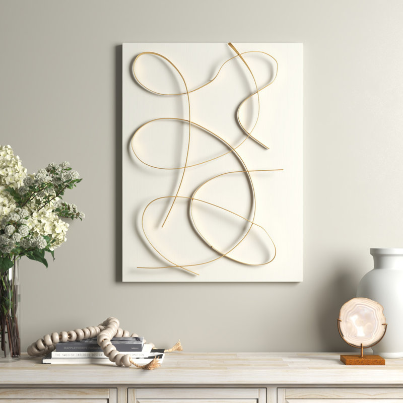White Metal Abstract Overlapping Lines Home Wall Decor with White Backing,, White/Gold