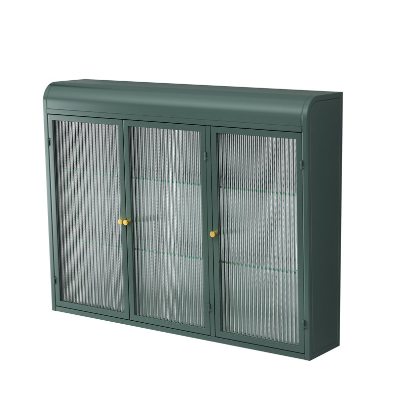 Dark Wall Mounted 3 Door Glass Cabinet. Elegant Home Enhancement. Versatile Storage Area. & Dependable. Easy To Mount. Functional Stylish. For Kitchen, Living Room, Bathroom. 34.7In D, 8.06In W,