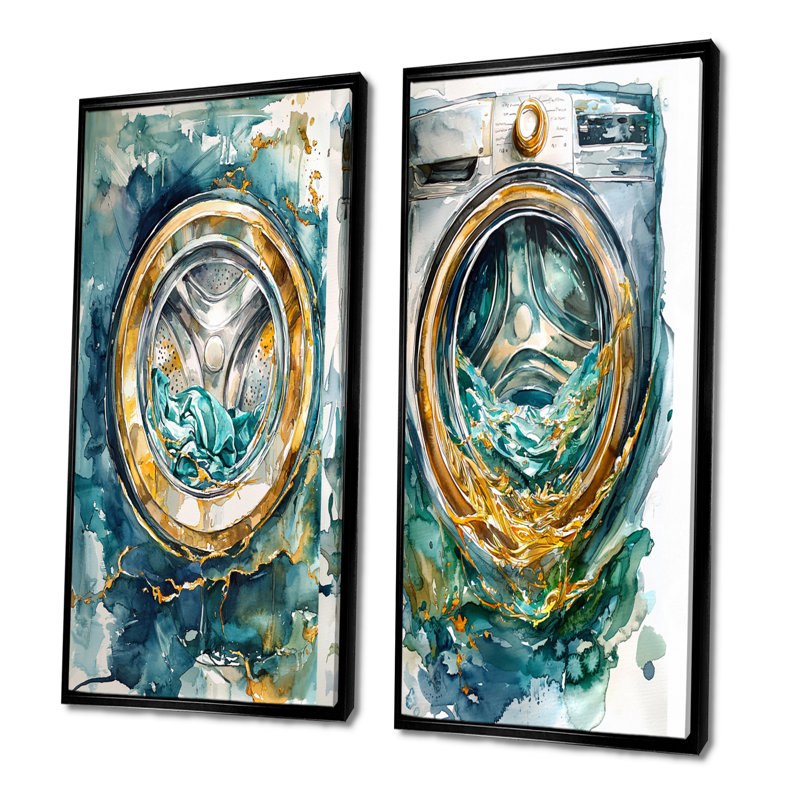 «Green Laundry Machine Wonders I - Laundry Art», ensemble de 2 pièces, H 28 po x l 24 po, Cadre flottant noir
