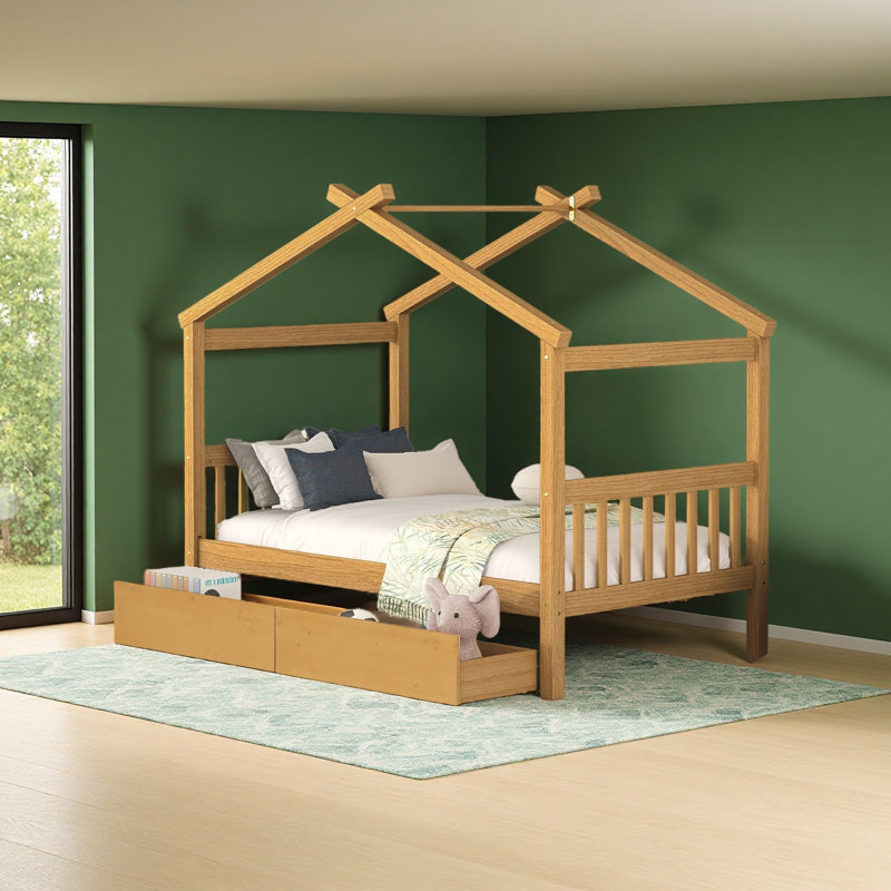 Wooden House Bed With Drawers, Twin