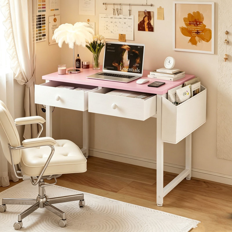 MDF Steel Computer Desk, Pink/White