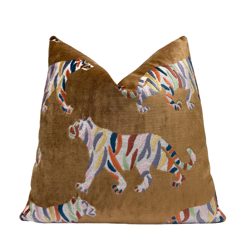 Tiger Velvet Throw Pillow Cover, Square 20", Tan