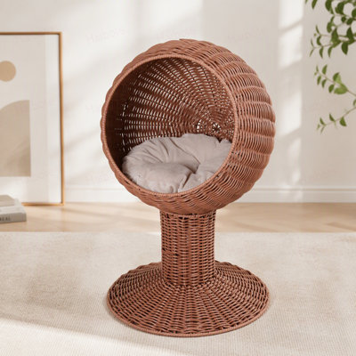 Lit surélevé pour chat avec niche pivotante en forme d'œuf, panier-lit pour chat avec coussin épais, maisonnette pour chat en fibres naturelles tressées.