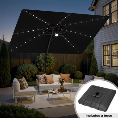 12' X 9' Rectangular Patio Cantilever Solar Led Light Umbrella With Weighted Base