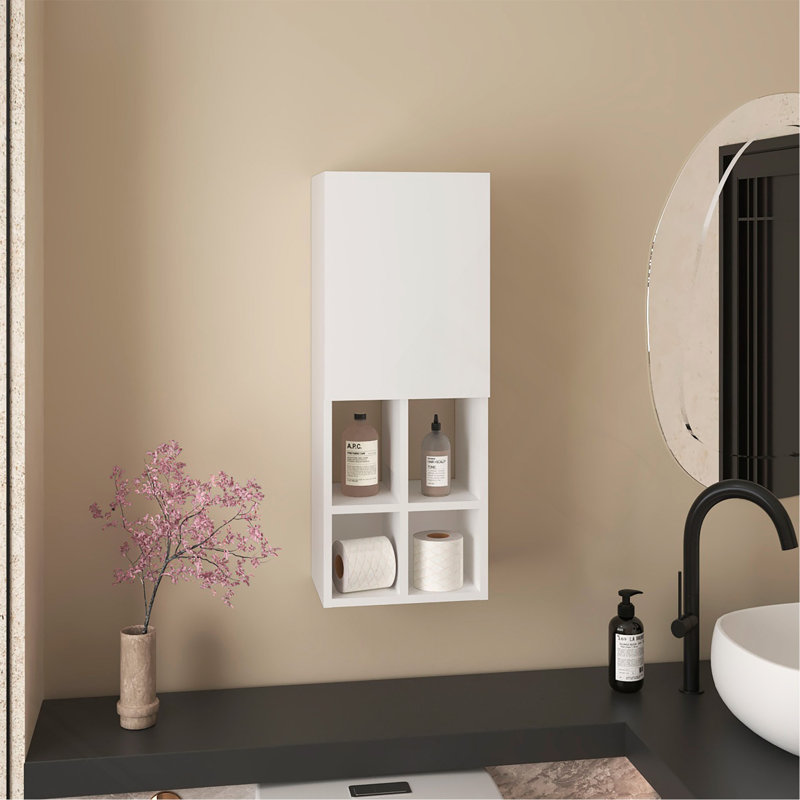 Armoire murale pour salle de bain, une porte, organisateur pour articles de toilette et serviettes, blanc