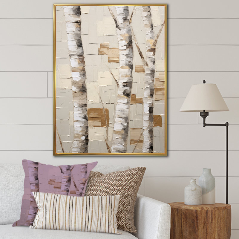 «Beige minimalisme arbre bouleau I» sur toile, H 40 po x l 30 po x P 1,5 po, Cadre flottant doré