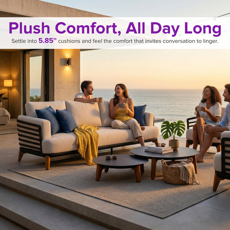5-Piece Premium Patio Conversation Set, 86.6" 3-Seat Sofa, 2 Lounge Chairs & 2 Round Coffee Tables, Black/Cream