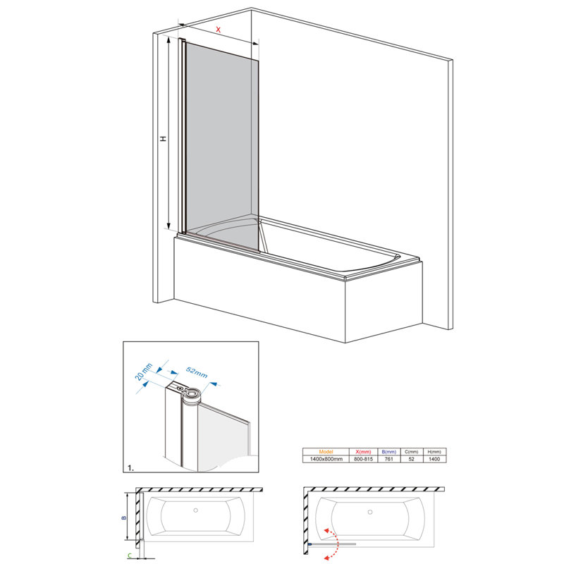 Chrysanthos 800mm W x 1400mm H Pivot Semi-Frameless Bath Screen with Clear Glass, Black