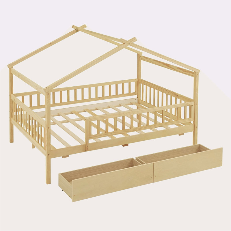 Lit double en bois avec deux tiroirs, Naturel