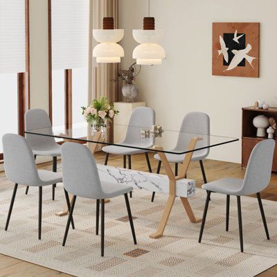 71"x35.4" Glass Dining Table With 6 Gray Linen Fabric Chairs, Simple And Practical For Daily Use Chairs A Clear Tempered Table, White Marble Grain Stickers On Legs