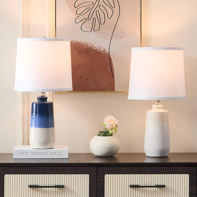 Ceramic Table Lamps Set Of 2 With White Barrel Lampshade, Coastal Blue Nightstand Lamps For Living Room, Bedroom, Small Spaces, Minimalist Design