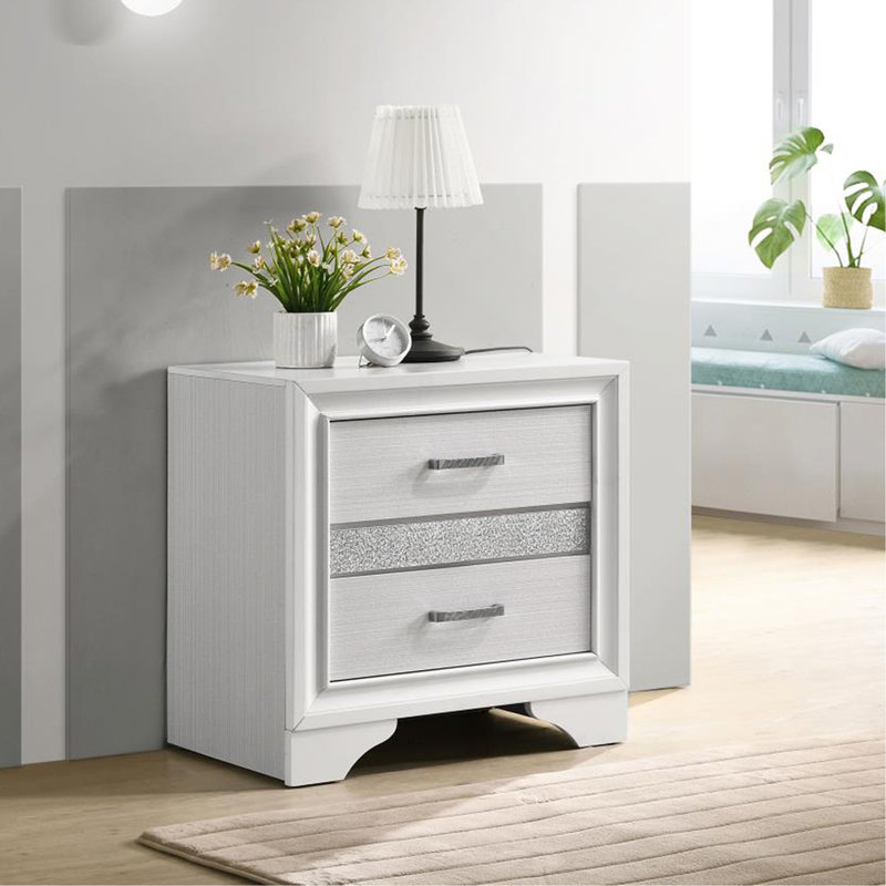 Table de chevet 2 tiroirs avec 1 plateau à bijoux, blanc