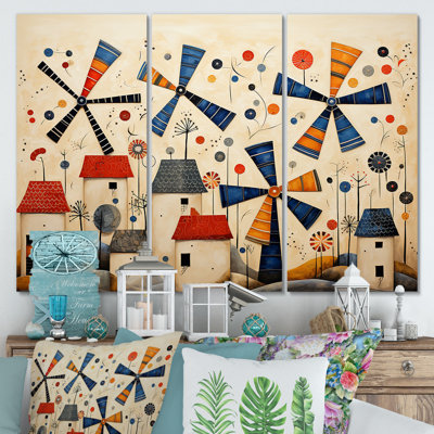 Folk Art Wind Turbines Village IV - Wind Turbines Wall Art