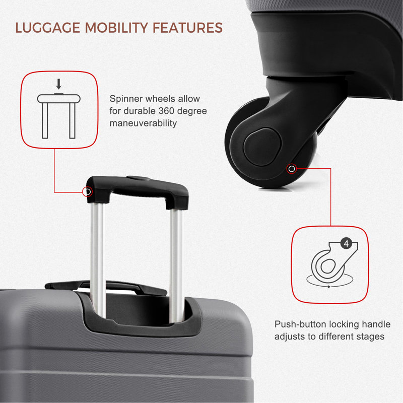 Ensemble de 4 valises 4 pièces - 20 po, valise à carreaux 28 po avec sac de toilette TSA Wet-Dry, Gris