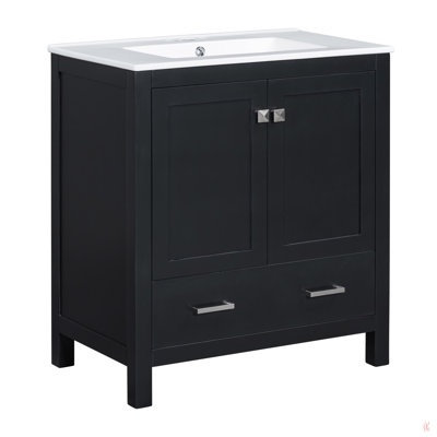 Meuble-lavabo de 30 po avec lavabo simple, meuble-lavabo encastré, armoire de rangement avec 2 portes et un tiroir, fermeture en douceur, rangement multifonctionnel, structure en bois massif