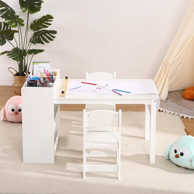 Toddler Table and 2 Chair Set, Kids Drawing Table and 2 Chairs Set, Child Craft Desk with Storage Shelves, Paper Roller, Wooden Art Table Activity Tab
