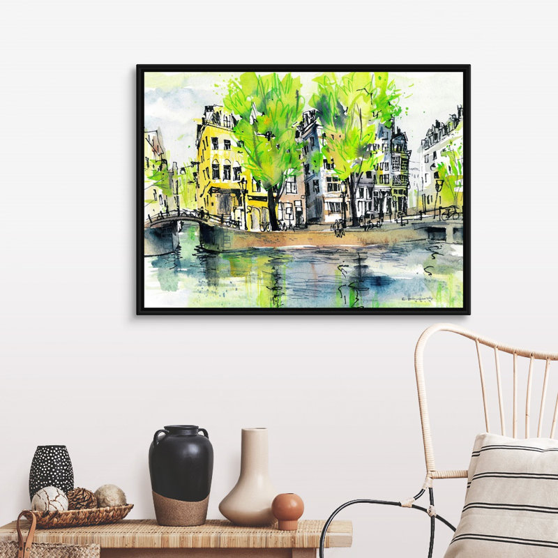 Reproduction d’art sur toile, "Amsterdam-Sinël canal" par Eleanor Doughty, Cadre noir, H 32 po x l 42 po x P 1,75 po