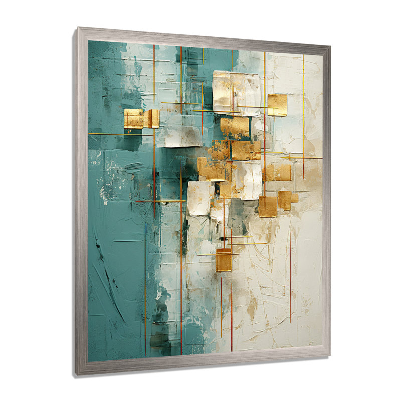 «California Sunshine Retro Abstract Gold Teal», reproduction d'art sur toile, H 44 po x l 34 po x P 1,5 po, Cadre simple gris