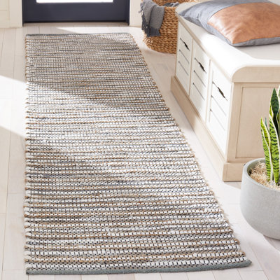 Gereld Vintage Leather Hand Woven Leather/Jute Striped Rug in Grey/Ivory