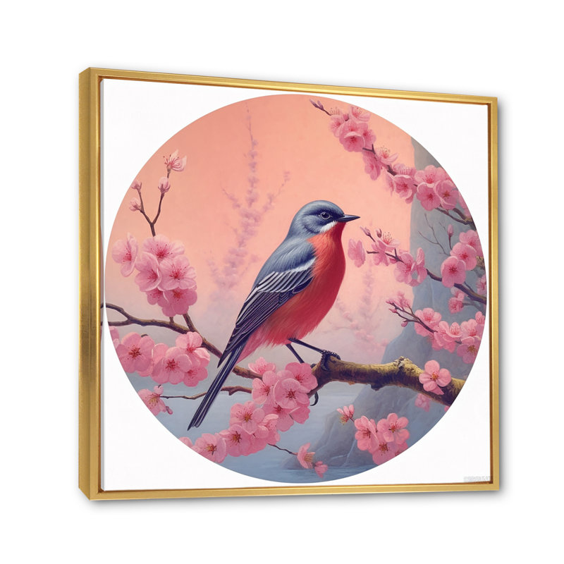 Geai bleu sur cerisier en fleurs III, H 16 po x l 16 po x P 1 po, Cadre flottant doré