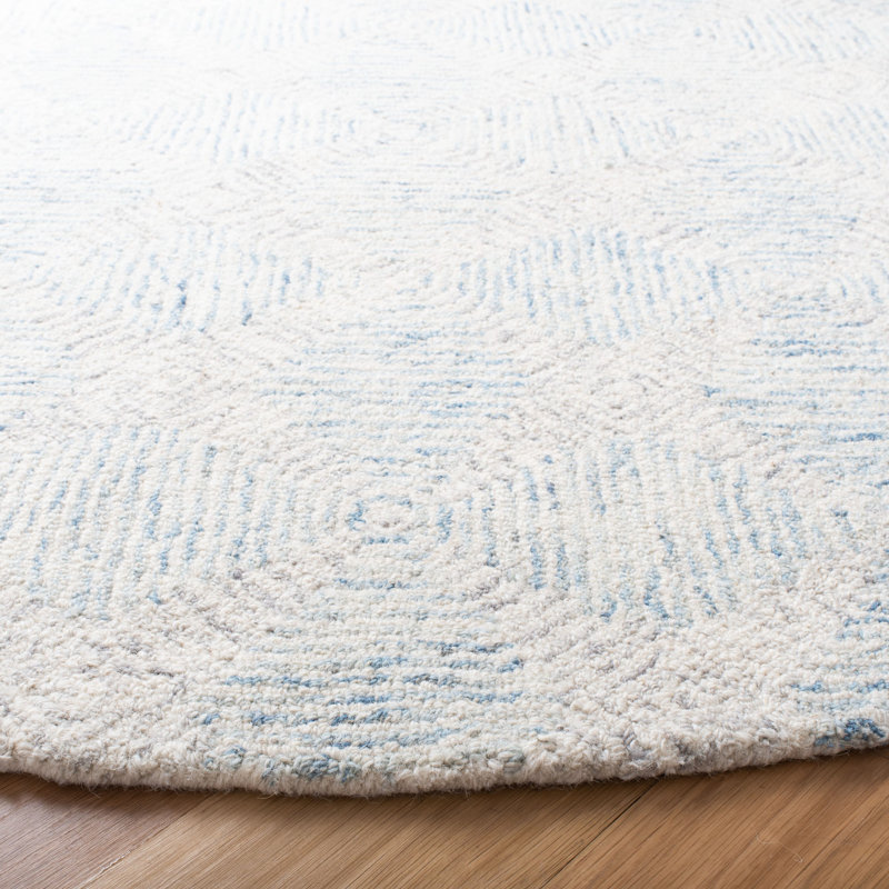 Tapis géométrique ivoire / bleu clair en laine / coton touffeté à la main Konieczny, Carré 6 pi