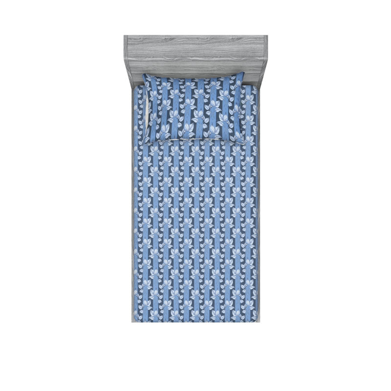 Ambesonne Fitted Sheet & Shams, Slate Blue/Soft Blue Flower, Twin Sheet Set with 1 Pillowcase