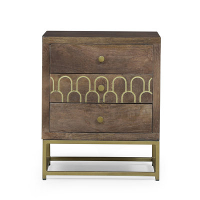 Handcrafted Mango Wood Nightstand With Three Drawers And Gold Iron Frame, Perfect For Contemporary And Mid-Century Modern Decor.